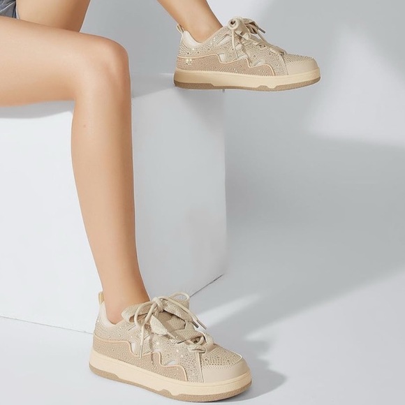 Beige Rhinestone Double Lace-Up Sneakers - Picture 2 of 3